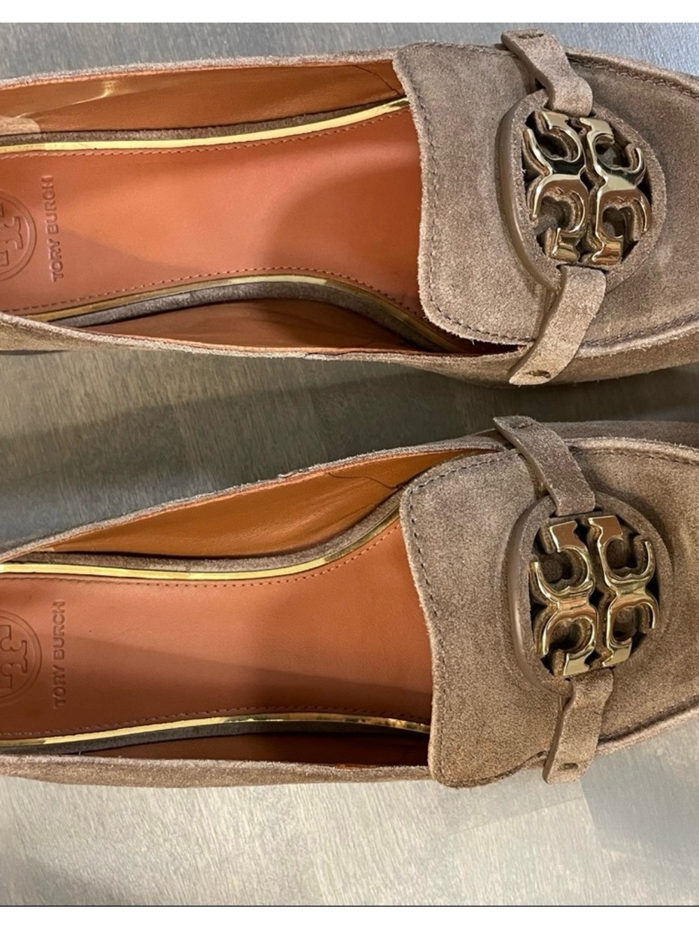 Tory Burch Taupe Suede Logo Medallion Loafers - Picture 3 of 8